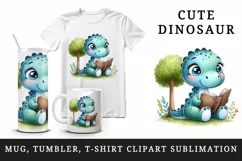 Watercolor cute dinosaur with sparkling eyes reading book under tree print 20oz tumbler skinny mug wrap clipart t-shirt sublimation printable design