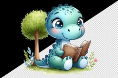 Watercolor cute dinosaur with sparkling eyes reading book under tree print 20oz tumbler skinny mug wrap clipart t-shirt sublimation printable design