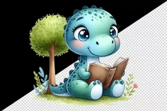 Watercolor cute dinosaur with sparkling eyes reading book under tree print 20oz tumbler skinny mug wrap clipart t-shirt sublimation printable design
