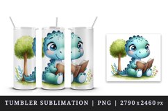 Watercolor cute dinosaur with sparkling eyes reading book under tree print 20oz tumbler skinny mug wrap clipart t-shirt sublimation printable design