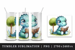 Watercolor cute dinosaur with sparkling eyes reading book under tree print 20oz tumbler skinny mug wrap clipart t-shirt sublimation printable design