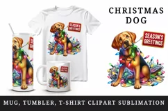 Watercolor cute dog Christmas lights Season Greetings greeting quote print 20 oz tumbler skinny mug wrap clipart t-shirt sublimation printable design