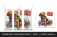 Watercolor cute dog Christmas lights Season Greetings greeting quote print 20 oz tumbler skinny mug wrap clipart t-shirt sublimation printable design