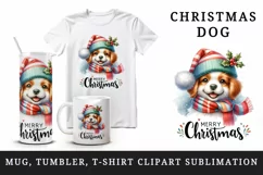 Watercolor cute dog hat scarf Merry Christmas greeting quote print 20 oz tumbler skinny mug wrap clipart t-shirt sublimation printable design
