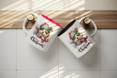 Watercolor cute dog hat scarf Merry Christmas greeting quote print 20 oz tumbler skinny mug wrap clipart t-shirt sublimation printable design