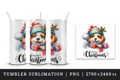 Watercolor cute dog hat scarf Merry Christmas greeting quote print 20 oz tumbler skinny mug wrap clipart t-shirt sublimation printable design