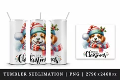 Watercolor cute dog hat scarf Merry Christmas greeting quote print 20 oz tumbler skinny mug wrap clipart t-shirt sublimation printable design