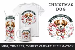 Watercolor cute dog puppy candy cane Sweet Christmas Wishes quote print 20 oz tumbler skinny mug wrap clipart t-shirt sublimation printable design