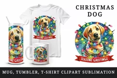 Watercolor cute dog puppy Christmas lights Season Greeting quote print 20 oz tumbler skinny mug wrap clipart t-shirt sublimation printable design