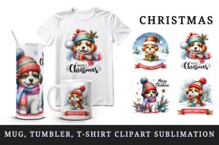 Watercolor cute dog puppy gift box Merry Christmas quote New Year winter print tumbler skinny mug wrap clipart t-shirt sublimation printable design