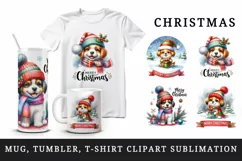 Watercolor cute dog puppy gift box Merry Christmas quote New Year winter print tumbler skinny mug wrap clipart t-shirt sublimation printable design
