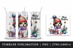 Watercolor cute dog puppy gift box Merry Christmas quote New Year winter print tumbler skinny mug wrap clipart t-shirt sublimation printable design