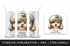 Watercolor cute dog puppy hat ear flaps Merry Christmas greeting quote print 20oz tumbler skinny mug wrap clipart t-shirt sublimation printable design