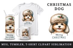 Watercolor cute dog puppy hat ear flaps Merry Christmas greeting quote print 20oz tumbler skinny mug wrap clipart t-shirt sublimation printable design