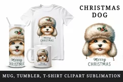 Watercolor cute dog puppy hat ear flaps Merry Christmas greeting quote print 20oz tumbler skinny mug wrap clipart t-shirt sublimation printable design