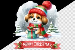 Watercolor cute dog puppy hat gift box Merry Christmas greeting quote print 20 oz tumbler skinny mug wrap clipart t-shirt sublimation printable design