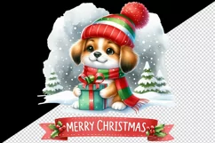 Watercolor cute dog puppy hat gift box Merry Christmas greeting quote print 20 oz tumbler skinny mug wrap clipart t-shirt sublimation printable design