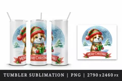 Watercolor cute dog puppy hat gift box Merry Christmas greeting quote print 20 oz tumbler skinny mug wrap clipart t-shirt sublimation printable design