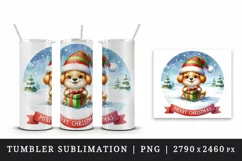 Watercolor cute dog puppy hat gift box Merry Christmas greeting quote print 20 oz tumbler skinny mug wrap clipart t-shirt sublimation printable design