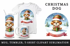 Watercolor cute dog puppy hat gift box Merry Christmas greeting quote print 20 oz tumbler skinny mug wrap clipart t-shirt sublimation printable design