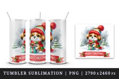 Watercolor cute dog puppy hat gift box Merry Christmas greeting quote print 20 oz tumbler skinny mug wrap clipart t-shirt sublimation printable design