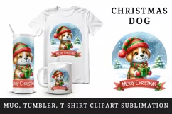 Watercolor cute dog puppy hat gift box Merry Christmas greeting quote print 20 oz tumbler skinny mug wrap clipart t-shirt sublimation printable design