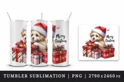 Watercolor cute dog puppy hat gift box Merry Christmas greeting quote print 20 oz tumbler skinny mug wrap clipart t-shirt sublimation printable design