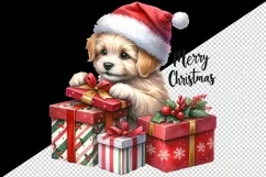 Watercolor cute dog puppy hat gift box Merry Christmas greeting quote print 20 oz tumbler skinny mug wrap clipart t-shirt sublimation printable design