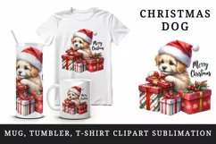 Watercolor cute dog puppy hat gift box Merry Christmas greeting quote print 20 oz tumbler skinny mug wrap clipart t-shirt sublimation printable design