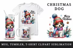 Watercolor cute dog puppy hat scarf Merry Christmas greeting quote print 20 oz tumbler skinny mug wrap clipart t-shirt sublimation printable design