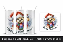 Watercolor cute dog puppy hat scarf Merry Christmas greeting quote print 20 oz tumbler skinny mug wrap clipart t-shirt sublimation printable design
