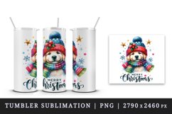 Watercolor cute dog puppy hat scarf Merry Christmas greeting quote print 20 oz tumbler skinny mug wrap clipart t-shirt sublimation printable design