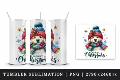 Watercolor cute dog puppy hat scarf Merry Christmas greeting quote print 20 oz tumbler skinny mug wrap clipart t-shirt sublimation printable design