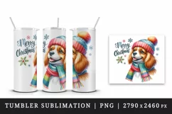 Watercolor cute dog puppy hat scarf Merry Christmas greeting quote print 20 oz tumbler skinny mug wrap clipart t-shirt sublimation printable design