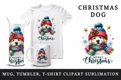 Watercolor cute dog puppy hat scarf Merry Christmas greeting quote print 20 oz tumbler skinny mug wrap clipart t-shirt sublimation printable design