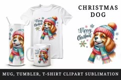 Watercolor cute dog puppy hat scarf Merry Christmas greeting quote print 20 oz tumbler skinny mug wrap clipart t-shirt sublimation printable design
