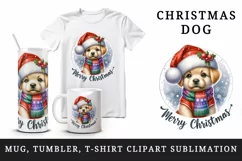 Watercolor cute dog puppy hat scarf Merry Christmas greeting quote print 20 oz tumbler skinny mug wrap clipart t-shirt sublimation printable design