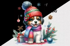 Watercolor cute dog puppy hat scarf Merry Christmas greeting quote print 20 oz tumbler skinny mug wrap clipart t-shirt sublimation printable design