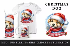 Watercolor cute dog puppy hat scarf Merry Christmas greeting quote print 20 oz tumbler skinny mug wrap clipart t-shirt sublimation printable design