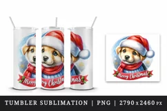 Watercolor cute dog puppy hat scarf Merry Christmas greeting quote print 20 oz tumbler skinny mug wrap clipart t-shirt sublimation printable design