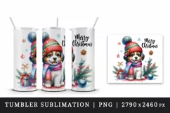 Watercolor cute dog puppy hat scarf Merry Christmas greeting quote print 20 oz tumbler skinny mug wrap clipart t-shirt sublimation printable design