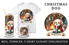 Watercolor cute dog puppy hot cocoa fireplace Christmas Cheer quote print 20 oz tumbler skinny mug wrap clipart t-shirt sublimation printable design
