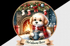 Watercolor cute dog puppy hot cocoa fireplace Christmas Cheer quote print 20 oz tumbler skinny mug wrap clipart t-shirt sublimation printable design