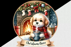 Watercolor cute dog puppy hot cocoa fireplace Christmas Cheer quote print 20 oz tumbler skinny mug wrap clipart t-shirt sublimation printable design