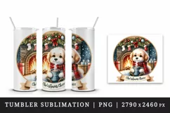 Watercolor cute dog puppy hot cocoa fireplace Christmas Cheer quote print 20 oz tumbler skinny mug wrap clipart t-shirt sublimation printable design