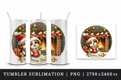 Watercolor cute dog puppy hot cocoa fireplace Christmas Cheer quote print 20 oz tumbler skinny mug wrap clipart t-shirt sublimation printable design