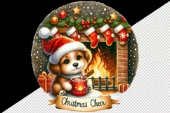 Watercolor cute dog puppy hot cocoa fireplace Christmas Cheer quote print 20 oz tumbler skinny mug wrap clipart t-shirt sublimation printable design