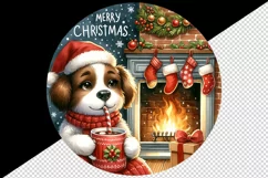 Watercolor cute dog puppy hot cocoa fireplace Merry Christmas quote print 20 oz tumbler skinny mug wrap clipart t-shirt sublimation printable design
