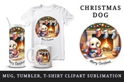 Watercolor cute dog puppy hot cocoa fireplace Merry Christmas quote print 20 oz tumbler skinny mug wrap clipart t-shirt sublimation printable design