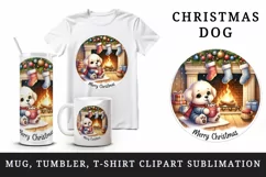 Watercolor cute dog puppy hot cocoa fireplace Merry Christmas quote print 20 oz tumbler skinny mug wrap clipart t-shirt sublimation printable design